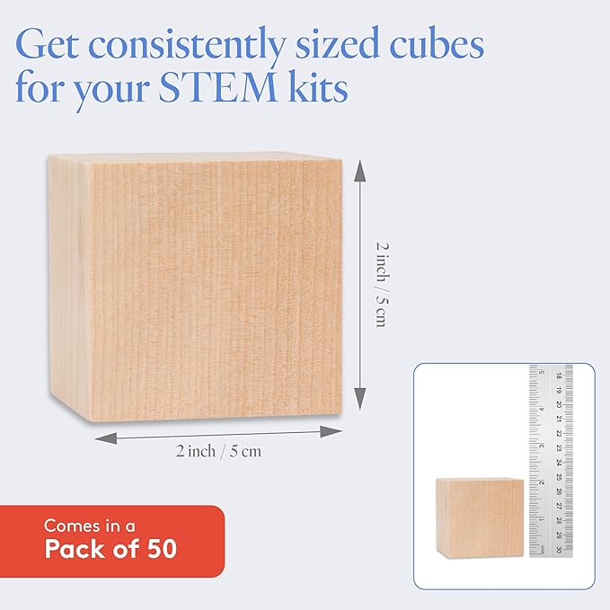DIY Wood Cubes 2-inch, Pack of 50 Small Wooden Baby Blocks for Baby Shower, Wood Blocks for Crafts, STEM, Building, and Blank Wooden Dice, by Woodpeckers