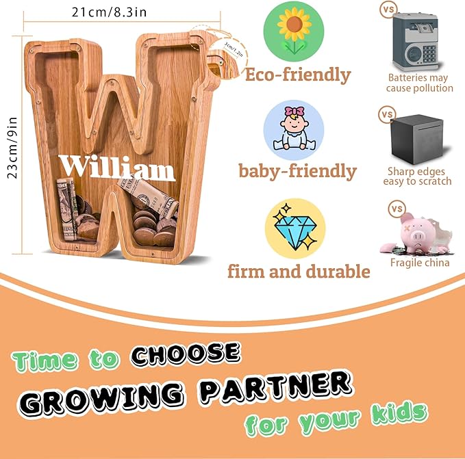 Wooden Letter Piggy Bank for Kids Larger Letter Piggy Bank for Boys and Girls Personalized Piggy Bank Initial Coin Bank Wood Kids Money Bank for Birthday and Festival