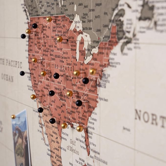 Canvas World Map with Cork Pin Board - English Lettering - Decorative Wall Decoration for All Rooms - Canvas Pictures with World Map Motif (90x60 cm, Pattern 2)