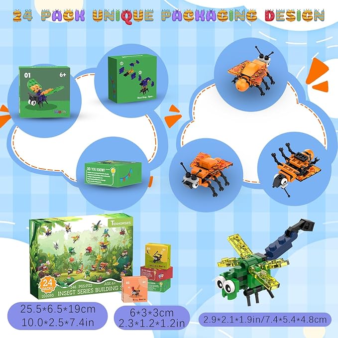 Party Favors for Kids 24 Pack Insect Building Sets, Bulk Educational Bug Blocks Toy for Valentines Day Classroom Prizes, Goodie Bags, Easter,Christmas, Birthday Party Gifts for Boys and Girls