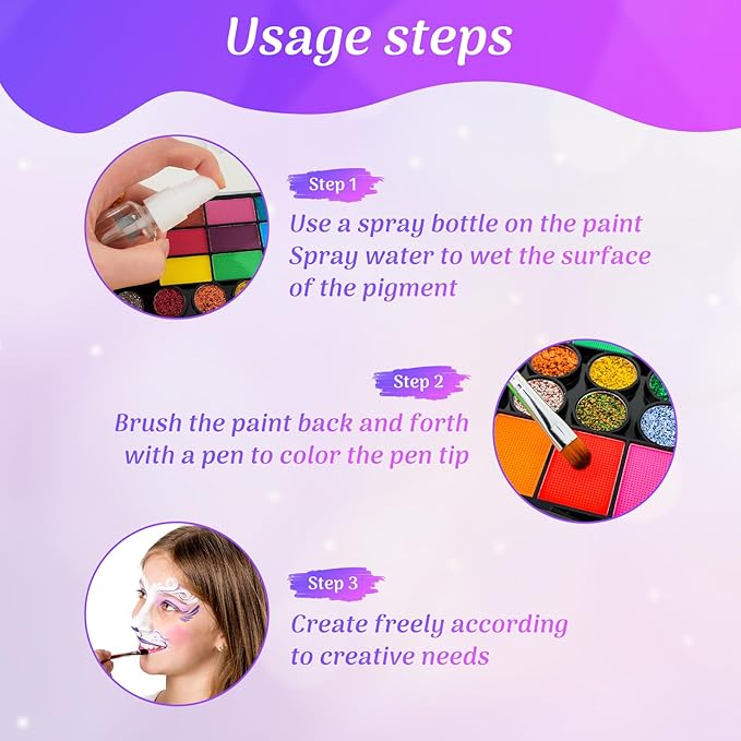 Professional Face Paint Set for Kids,42 Colors Non-toxic Water Activated Face Painting Makeup Palette .Includes Multiple makeup tools.Ideal for Halloween,Carnival,Cosplay,Party,SFX Arty Stage Makeup.