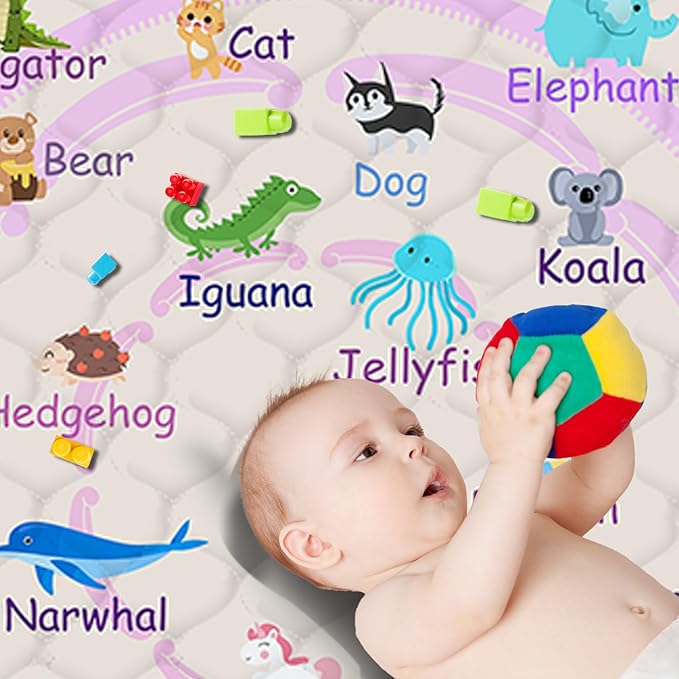 Baby Play Mat，Thick Soft 71" X 79" Playpen mat, Non-Slip and Machine Washable Baby Play Mats for Floor，Crawling Mat for Babies, Toddlers & Infants to Play and Learn(Pink Animal)