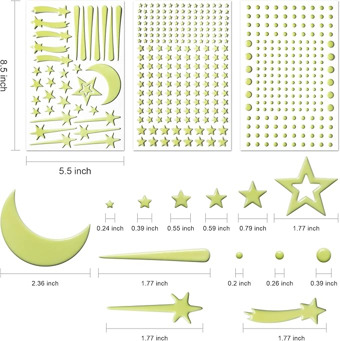 Glow in The Dark Stickers for Ceiling,447PCS Lasting and Bright Glow Stars,3D Glowing Star,Luminous Moon and Stars Decor,Decals for Kids Room.Party Birthday Gift.Green