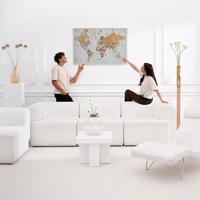Canvas World Map with Cork Pin Board - English Lettering - Decorative Wall Decoration for All Rooms - Canvas Pictures with World Map Motif (90x60 cm, Pattern 14)