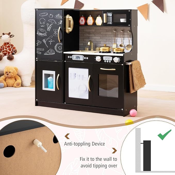 Costzon Kids Kitchen Playset, Wooden Pretend Cooking Toy Set w/Real Sound, Large Blackboard, Telephone, Microwave, Ice Maker, Dishwasher, Oven, Storage Space, Play Kitchen for Kids Ages 3+ (Black)