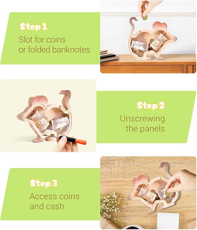 Wooden Rat Piggy Banks for Kids, Adorable Rat Piggy Bank with Acrylic Panels, Unbreakable Toddler Money Box for Boys Girls Adults, Cute Saving Coin Jar for Birthday Décor