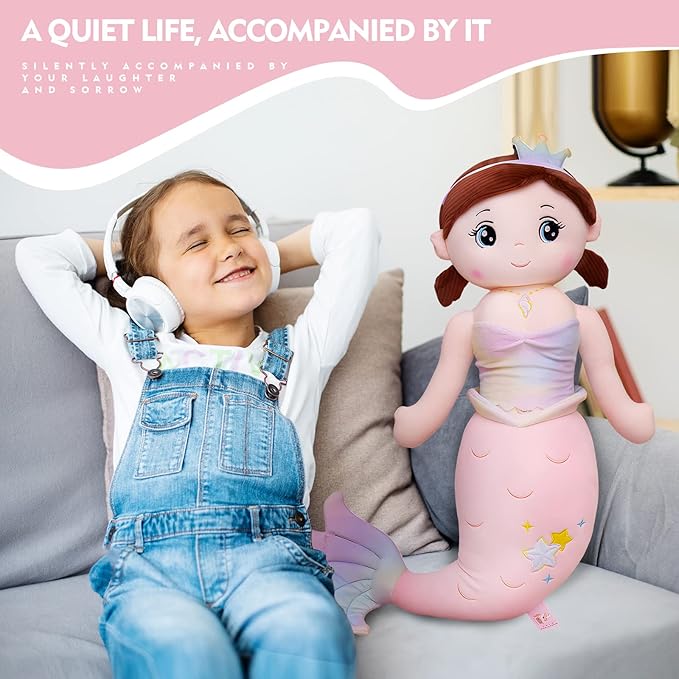 Mermaid Stuffed Animal Plush, 49.2in Cute Soft Pink Hugging Mermaid Plushies Pillow Toys Kawaii Birthday Gift for for Adults Kids Boys Girls