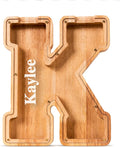 Summidate Customized Name Large Wooden Piggy Bank for Kids Boys Girls Alphabets Letter A-Z Coins Bills Money Change Bank Box Initial on Clear Cover (Laser Engraved) (Alphabet-K, Personalized-9")