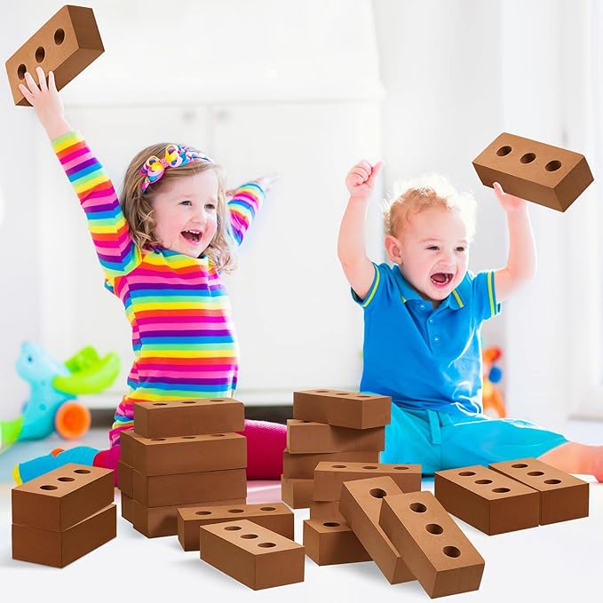 Deekin 80 Pcs Foam Brick Building Blocks for Kids Thick Blocks Foam Large Fake Brick Construction Toy for Stacking Construction, 8 x 4 x 2.4 in (Circle Holes)