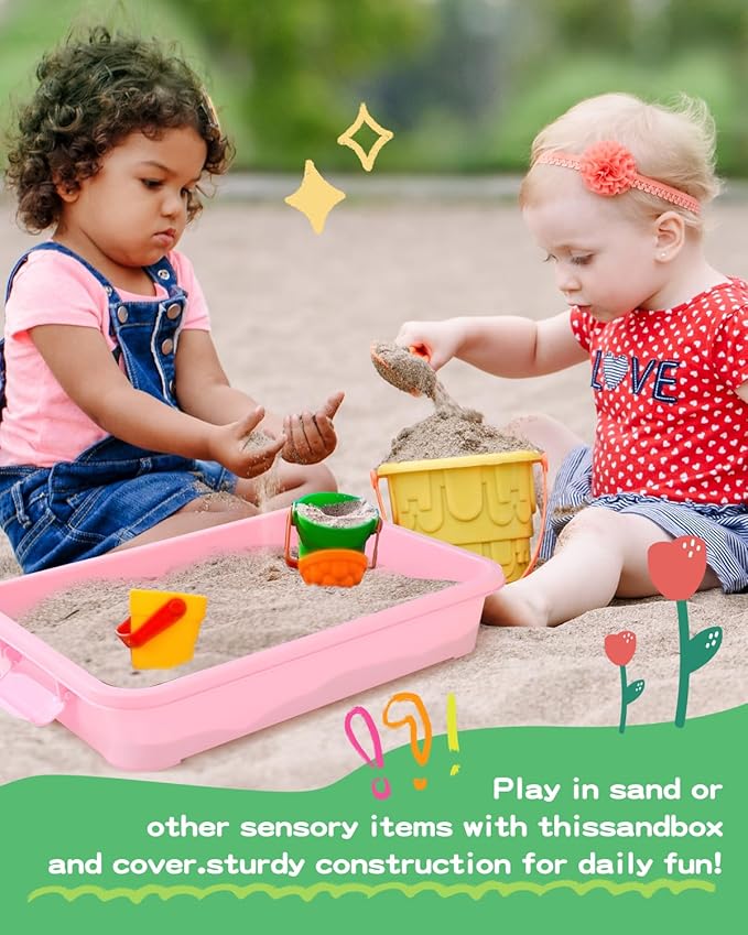 Sensory Bin Sand Tray with Lid for Toddlers 2 Pcs 15in Portable Sandbox Toy Large Plastic Tray for Kids 3 4 5 6 Fill with Sand, Water, Beads, and More (2 Pink)