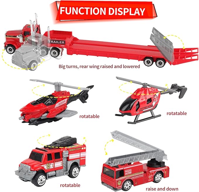 Oriate Fire Truck Vehicle Toys with Flatbed Trailer & Various Traffic Road Signs, Diecast Firetruck for 3 4 5 6 7 Year Old Boys Girls, Ambulance, Helicopter, Fire Rescue Theme Stickers