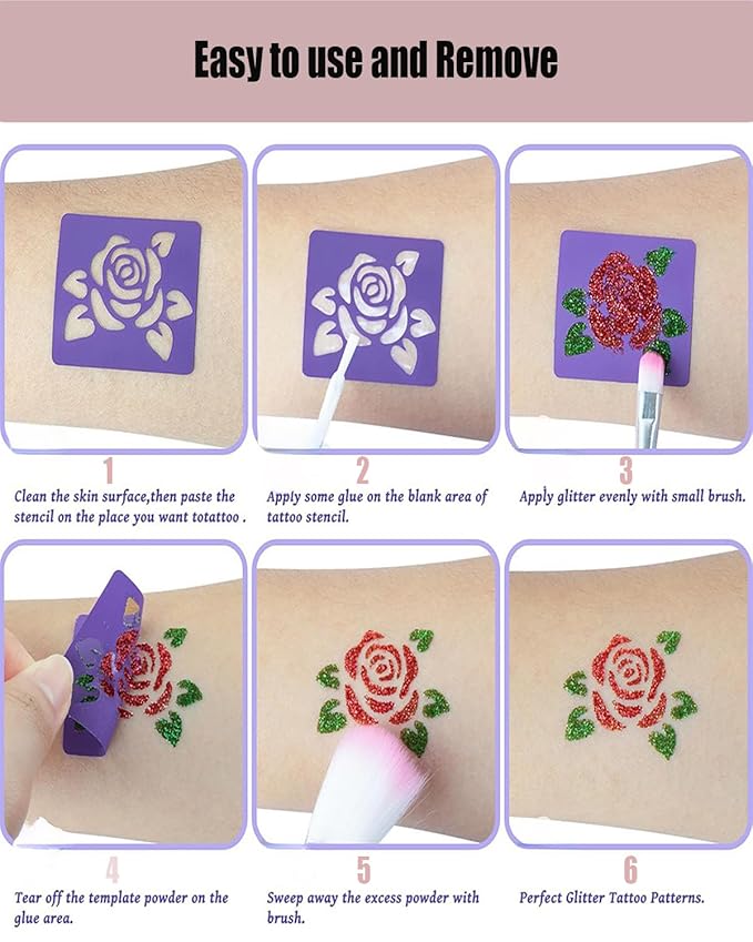 Temporary Glitter Tattoos Kit for Kids 48 Colors 6 Fluorescent 207 Stencils 2 Diamond Stickers 3 Glue 5 Brushes Arts Make Up Kit Party Christmas Halloween
