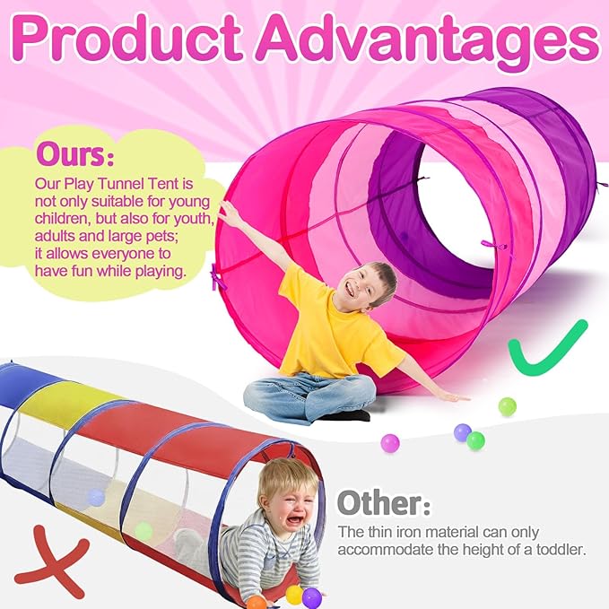 2 Pcs Giant 27.6 Inch Kids Play Tunnel and up Opening Colorful Pop up Crawl Tunnel Toy with Breathable Mesh Game Tent Toy Girl Boy Gift or Dog Cat Pet Tunnels