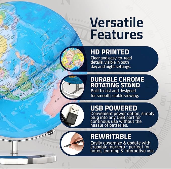 LED Illuminated World Globe with Chrome Rotating Stand – 3-in-1 Educational Tool for Kids & Adults, Interactive Learning Globe with Constellation Map, Lighted Display, 11 Inch