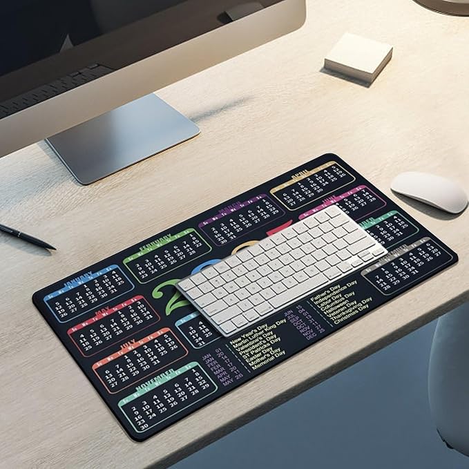Black Calendar 2025 Desk Pad, Gaming Mouse Pad, Non-Slip Rubber Base, Stitched Edges，23.6x11.8 inch Computer Mouse Mat Keyboard for Home Office