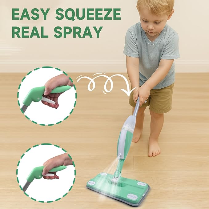 Kids Spray Mop - Toddler Cleaning Toy Set with Real Water Sprayer, 2 Washable Pads - Montessori Interactive Toy for Boys & Girls Ages 3 4 5 6