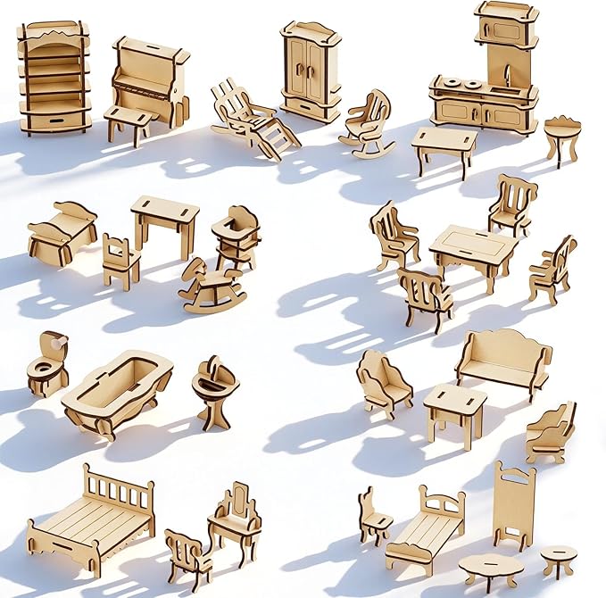 LOVEINUSA DIY Wooden Dollhouse Furniture Set, 3D Puzzle Miniature Room Accessories, Natural Wood