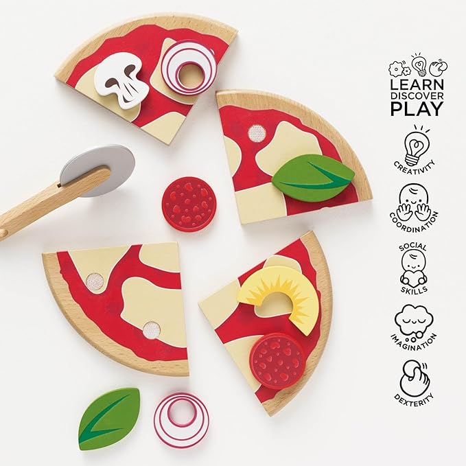 Le Toy Van - Childrens Wood Pretend Play Food | Wooden Honeybake Pizza Pretend Food Toy Playset | Toy Kitchen Accessories Play Food Role Play Toy (TV279)