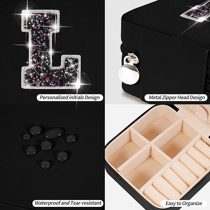 Travel Jewelry Case - Personalized Jewelry Box for Women,Small Jewelry Organizer Cute Jewelry Organizers and Storage Aesthetic,Travel Essentials Birthday Gifts for Girls Women | Black,L