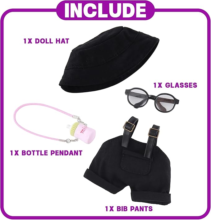 4-Piece 17cm Doll Clothes Set Clothes for Dolls Black Overalls, Fisherman Hat, Glasses & Pendant – 17cm Doll Overalls Accessories Only