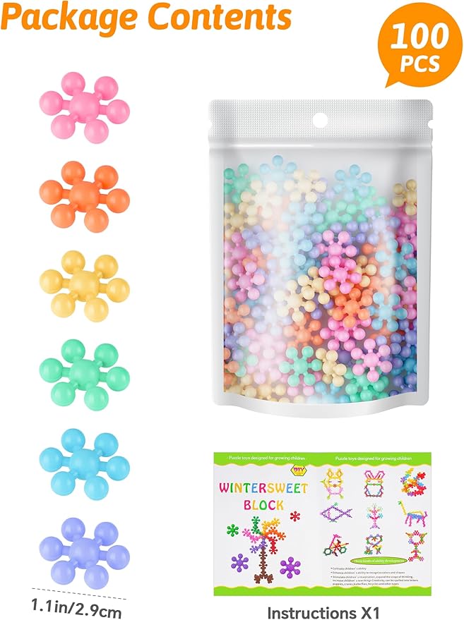 100PCS Interlocking Snowflake Building Block Toy for Kids Ages 3+ (Macaron Colors)