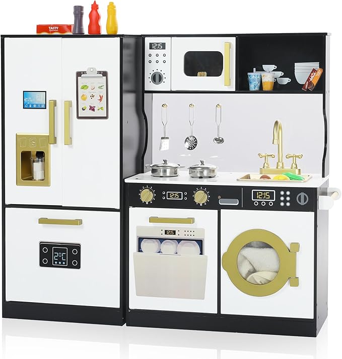Play Kitchen Sets for Kids, Pretend Wooden Kids Kitchen Playset, Interactive Toy Kitchen with Freezer, Washing Machine, Ice Maker & Large Storage Space, for Boys Girls Ages 3+, Black