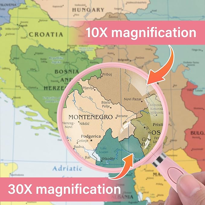 Feosky Handheld Reading Magnifier, 10X 30X Magnifier, 75mm Shatterproof Lens, Non-Slip Handle for Adults Close Work, Seniors Reading and Kids Nature Exploration, Hobby Observation(Pink)