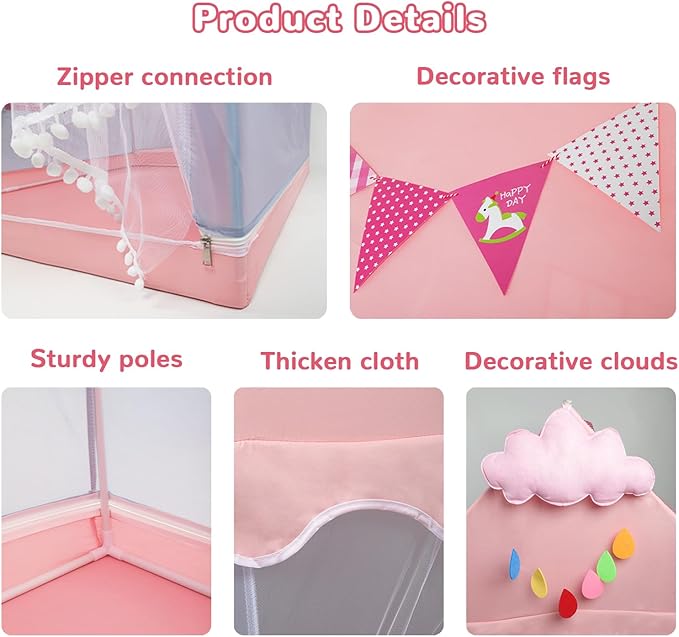 Kids Tent Play Tents for Toddler Children Indoor and Outdoor Large Pink Girls Princess Playhouse Castle with Windows Clouds and Flags Kids Room Furniture 40" L × 48" W × 52" H