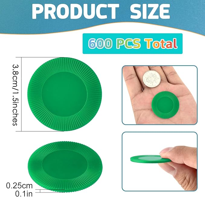 Coopay 600 Pieces Plastic Poker Chips Bingo Chip Bulk Learning Counters Disks Poker Card Game Counting Markers for Math Practice, Game Tokens and Teaching Rewards, 38 mm/ 1.5 Inches (Green)