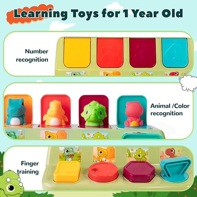 Cause & Effect Pop Up Dinosaur Montessori Sensory Toy for Toddlers 1-3, Early Learning Toys for 6-12 Months, Boy & Girl Birthday Gifts