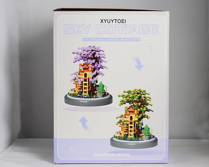 Cherry Blossom Bonsai Tree House DIY Building Flowers Set for Adults,2680PCS Challenging Mini Brick House Model Kit with LED Lights, Purple & Yellow Sakura Flowers, Includes Dust Cover for Display