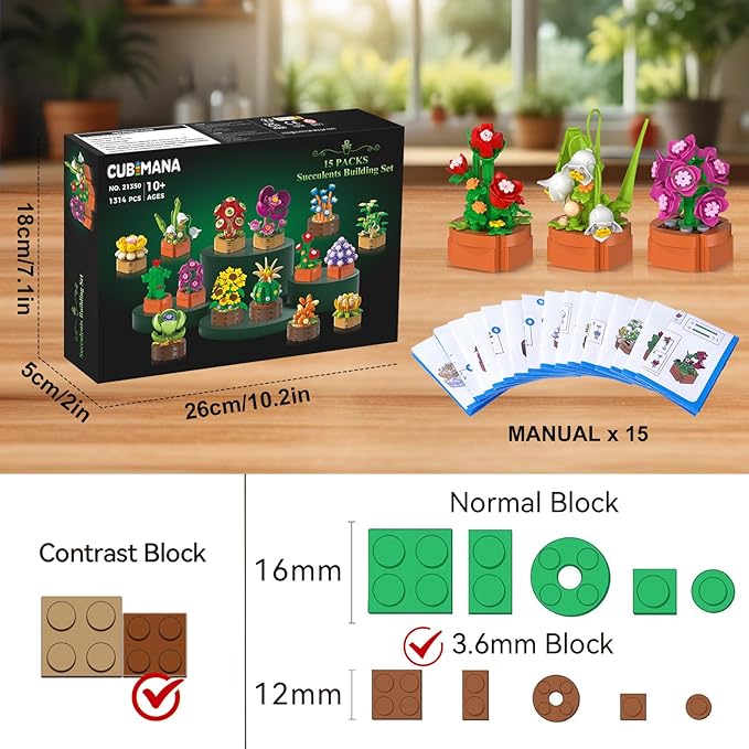 15 Pack Flowers Plants 3.6MM Mini Building Sets - 1314PCS Flower Succulents Botanical Collection for Home Office Décor Block Toy, Party Favors for Christmas Mother's Day Birthday Adults Kids Girls 10+