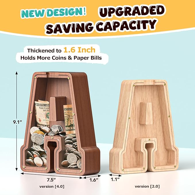 Summidate Wooden Letter Piggy Bank, Extra Thick Large Capacity Piggy Bank for Kids Boys Girls Toddler, Alphabet Y Money Bank| Coin Box Birthday, Christmas, Festival