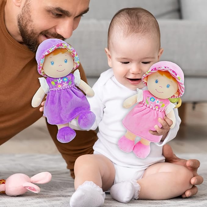 June Garden 12" Soft Dolly Malorie - Stuffed Soft Baby Doll Gift for 1 2 3 Year Old Girls - Pink Dress
