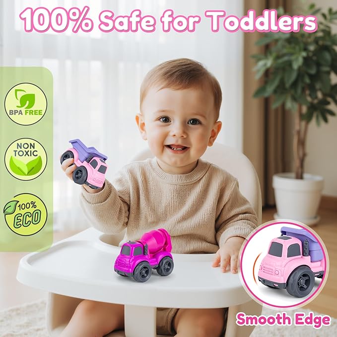 Dump Truck Toys for 3 Year Old Boys, BPA Free, Phthalates Free, PVC, Dump Truck, Mixer Cement, Easter Christmas Birthday Gifts for 2 3 4 Year Boy Girl. Dishwasher Safe,Recycled Plastic (Pink)