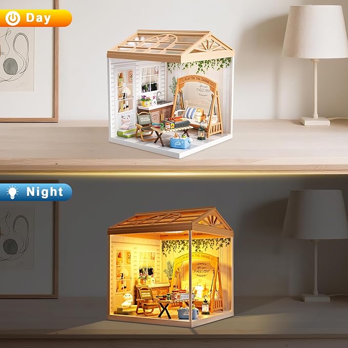 DIY Miniature House Kit Plastic House Building Toy Set with Roof & 2 Doors, Mini Dollhouse Kit with LED for Mini Figures Construction Toys Diorama Kit Gifts for Teens Adults (Happy Garden)