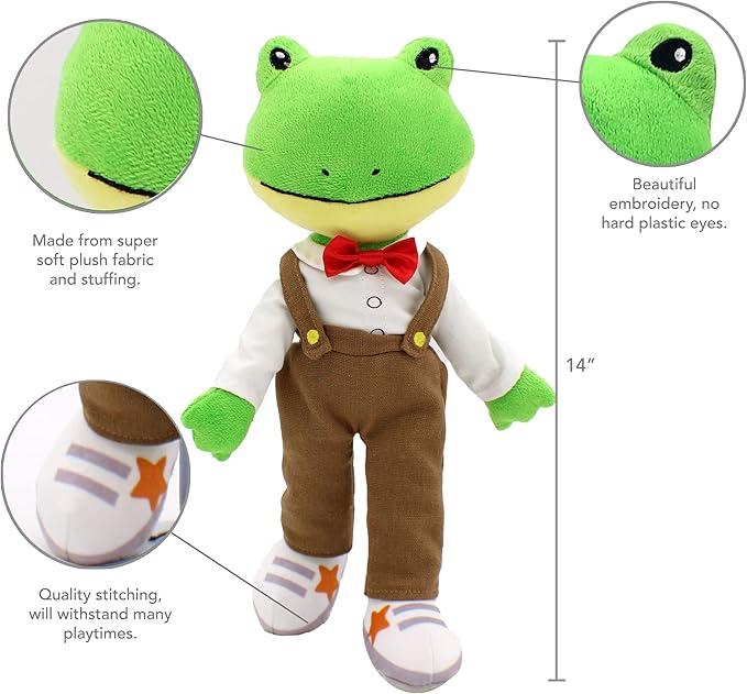 Playtime by Eimmie Soft Baby Doll Freddy The Frog - 14" Plush Rag Doll with Embroidered Features for Girls, Boys, Toddlers & Infants - Educational Stuffed Animal for Imaginative Play