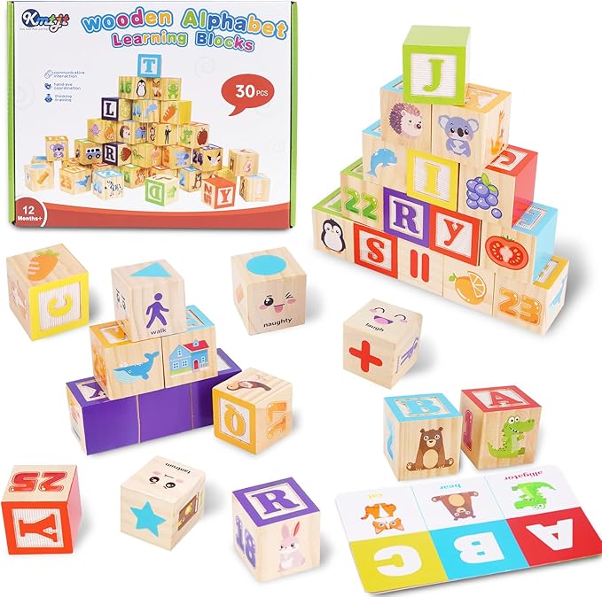 KMTJT Wooden Alphabet Blocks for Toddlers 1-3 | ABC Stacking Blocks Toys for 1 2 3 Year Old Kids | One Year Old Girl Boy 1st First Birthday Gifts | Number Building Blocks Learning Educational Toys