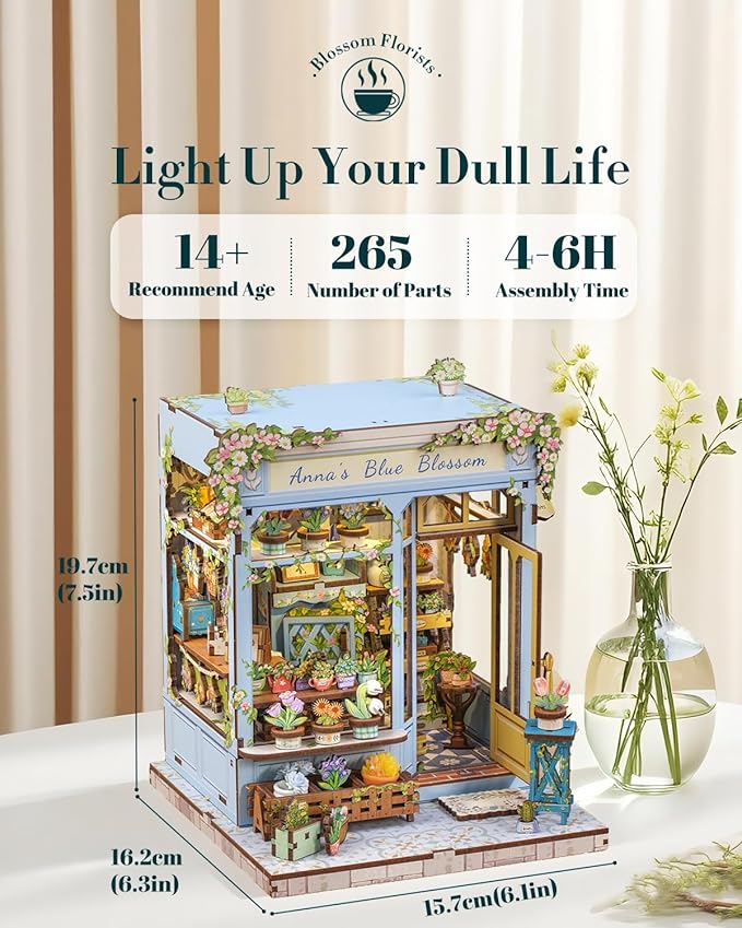 Cutefun Book Nook Kit - DIY Miniature House Kit for Adults and Teens, 3D Wooden Puzzle Mini House Building Kit with LED, Dollhouse Kit Bookshelf Insert Decor Creative Gifts (Anna's Blue Blossom)