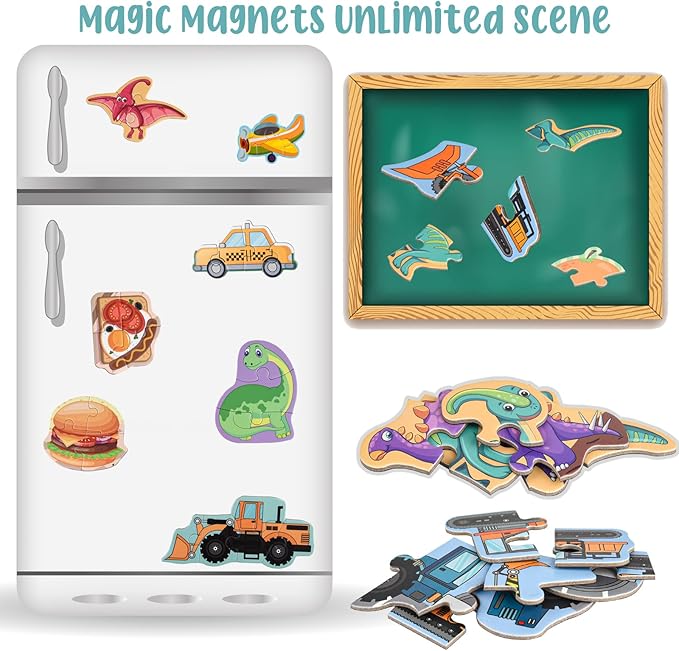 ASTARON 3D Magnetic Puzzle with 60 Puffy Stickers for Toddlers, 51 Pieces 3-in-1 Traffic Puzzles Preschool Education Learning Travel Toys Car Plane Activities for Kids Road Trip Birthday Gifts