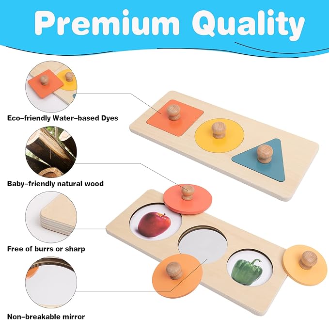 Baby Puzzles 12-18 Months - Montessori Multiple Shapes Knob Wooden Puzzles for Toddlers 1-3 - Peekaboo Photo Puzzle with Baby Mirror & 10 Real-Life Cards