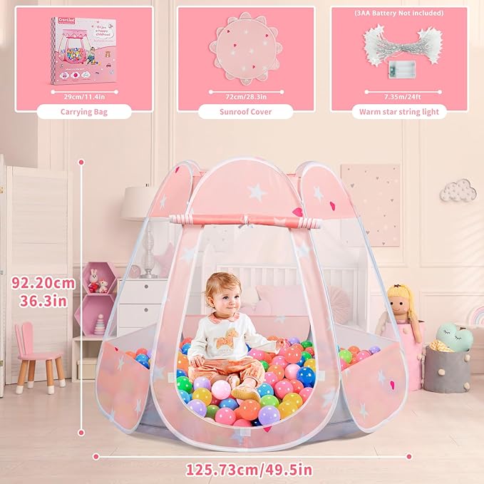 Pop Up Princess Tent with Star Light, Toys for Year Old Girl Birthday Gift, Ball Pit for Months Baby Toys, Toddler Girl Gift, Easy to Pop Up and Assemble (Pink Gray)
