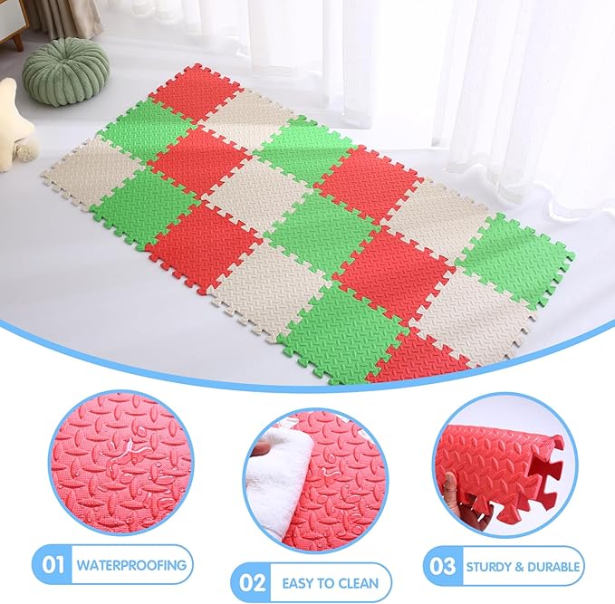 Foam Play Mat for Baby, 0.4 Inch Thick Foam Interlocking Floor Mats, Soft Non-Toxic Baby Playmat, Solid Colored Puzzle Play Mat Kids Floor Mats for Toddler, 16 Tiles(White/Red/Green)