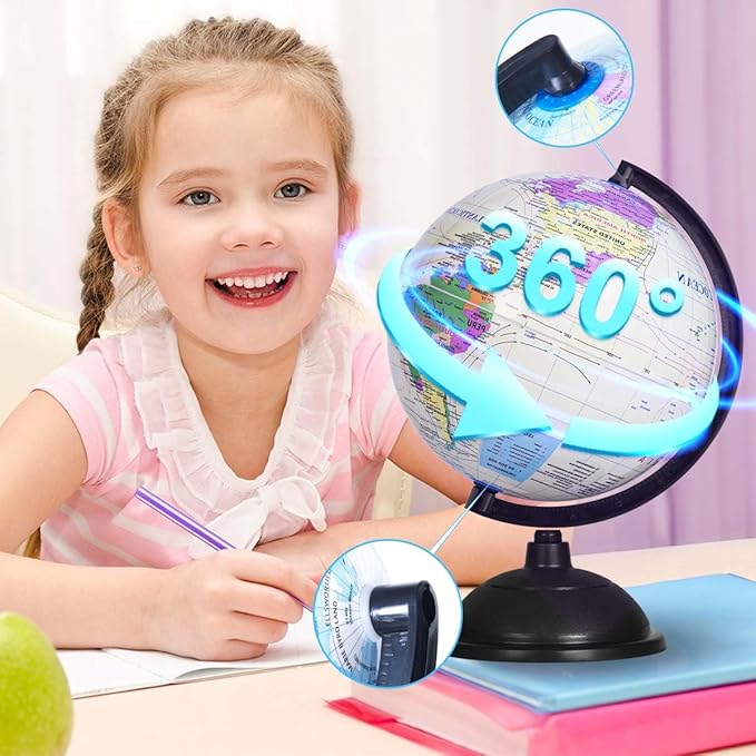 8 Inch World Globe with Stand Rotating Earth Spinning Globe for Kids Geography Classroom Education or Decorations (White)
