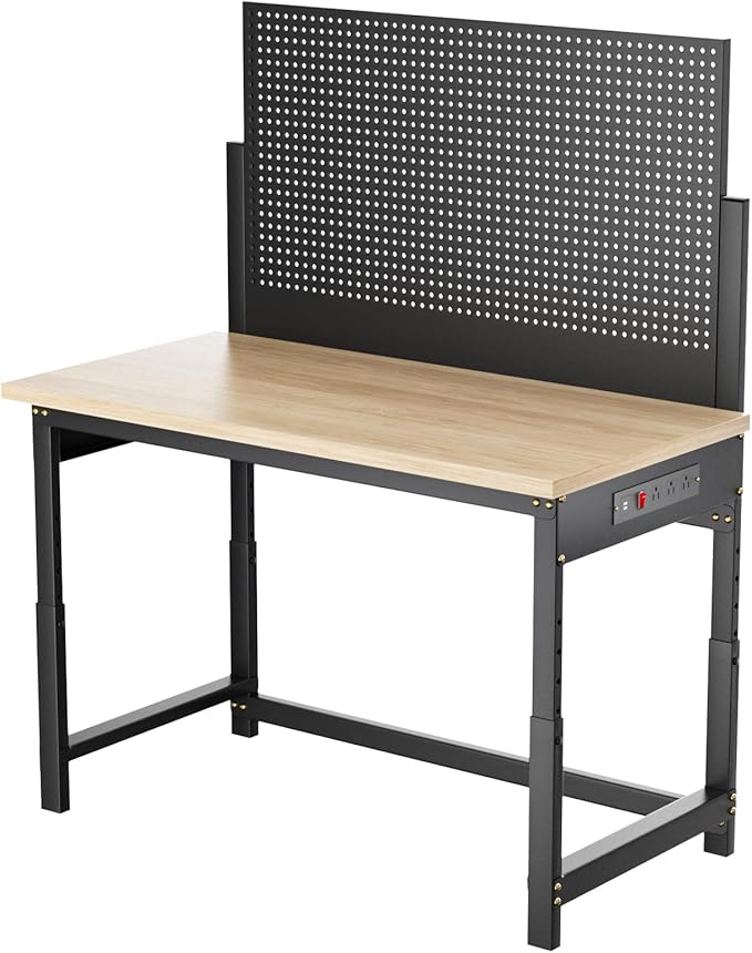 Workbench with Pegboard, Adjustable Height Work Bench Heavy Duty Work Station Table with Power Outlets Work Benches for Garage, Workshop, Home, Office(47.2 inch Wide)