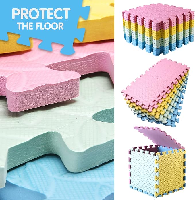 16 Tiles Foam Play Mat for Baby, Soft & Safe EVA Foam Mats for Floor, Square Baby Play Mat, Colored Kids Foam Puzzle Floor Mat, 47x47 Play Mat for Playpen(Pink/Yellow/Light Blue/Green)