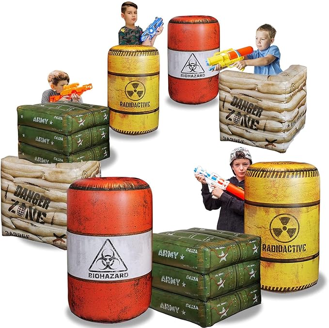 Package 8 Combat Battlefield Inflatables, Compatible Laser tag, Water Gun for Boys Birthday Party Activities and Decoration. Premiume Pack Include Water chember and Repair kit.