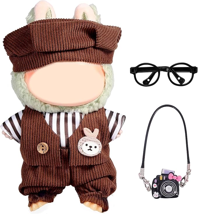 17cm Doll Clothes Set, Cute Boy Outfits for Clothes and Glasses, 7 PCS Cute Hat & Overalls Set Stylish Outfits Exquisite Accessories