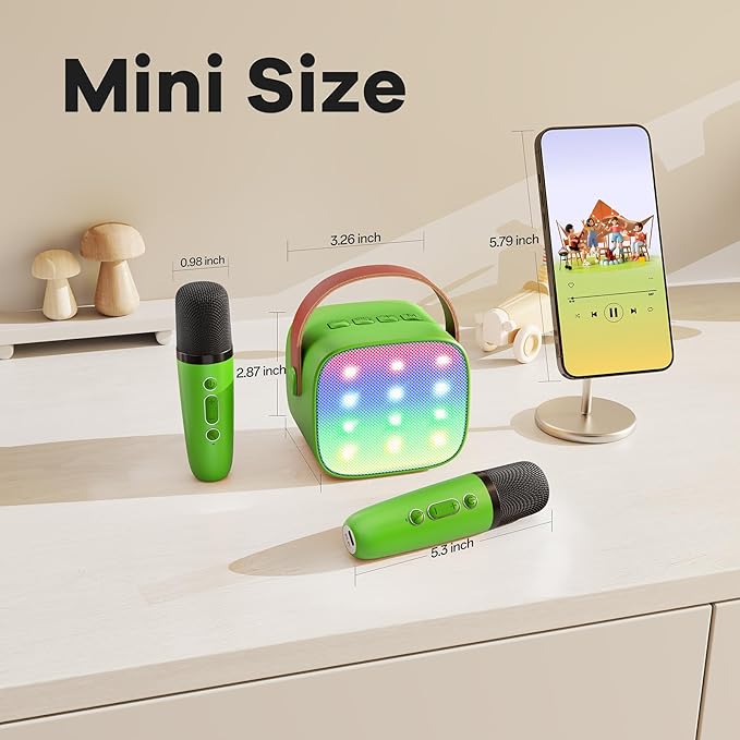 Mini Karaoke Machine for Kids Adults, Portable Bluetooth Speaker with 2 Wireless Microphones, Birthday Gifts Toys for Girls Boys Ages 3, 4, 5, 6, 7, 8, 9,10,11,12+ Years Old Toddler (Green)