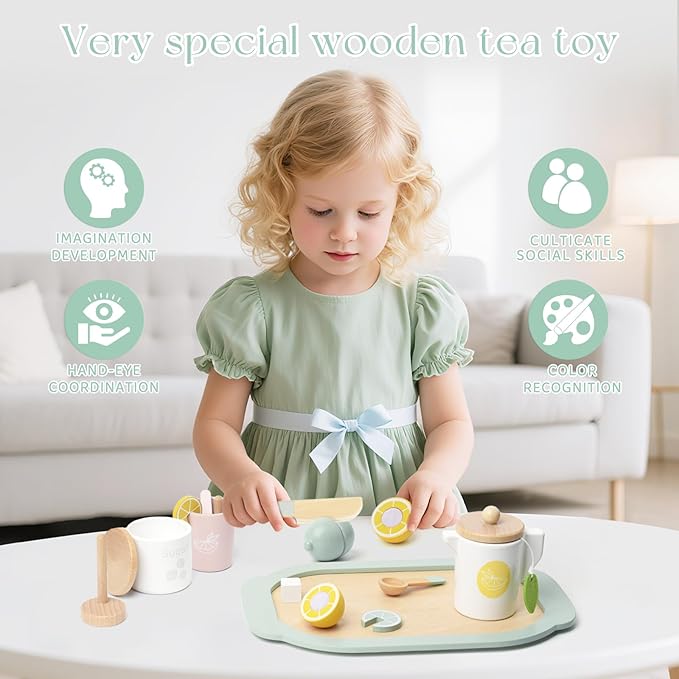 Lemonade Stand for Kids Tea Set Pretend Play Toys Tea Party Set Lemonade Stand Supplies No Assembly Required Non-Toxic Wooden Toys Tea Sets for Toddlers 3-5 Birthday Gift